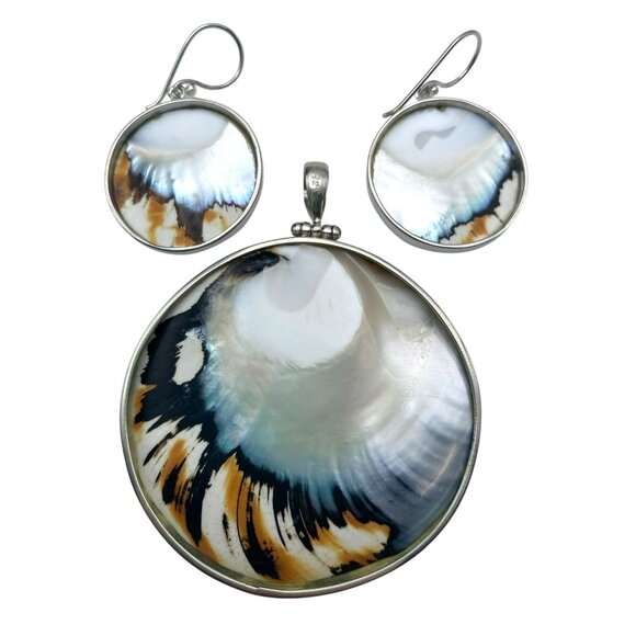Vintage Pendant Earrings Sterling Silver Shell Nautilus MOP Reversible! 2" & 1" - Picture 4 of 6